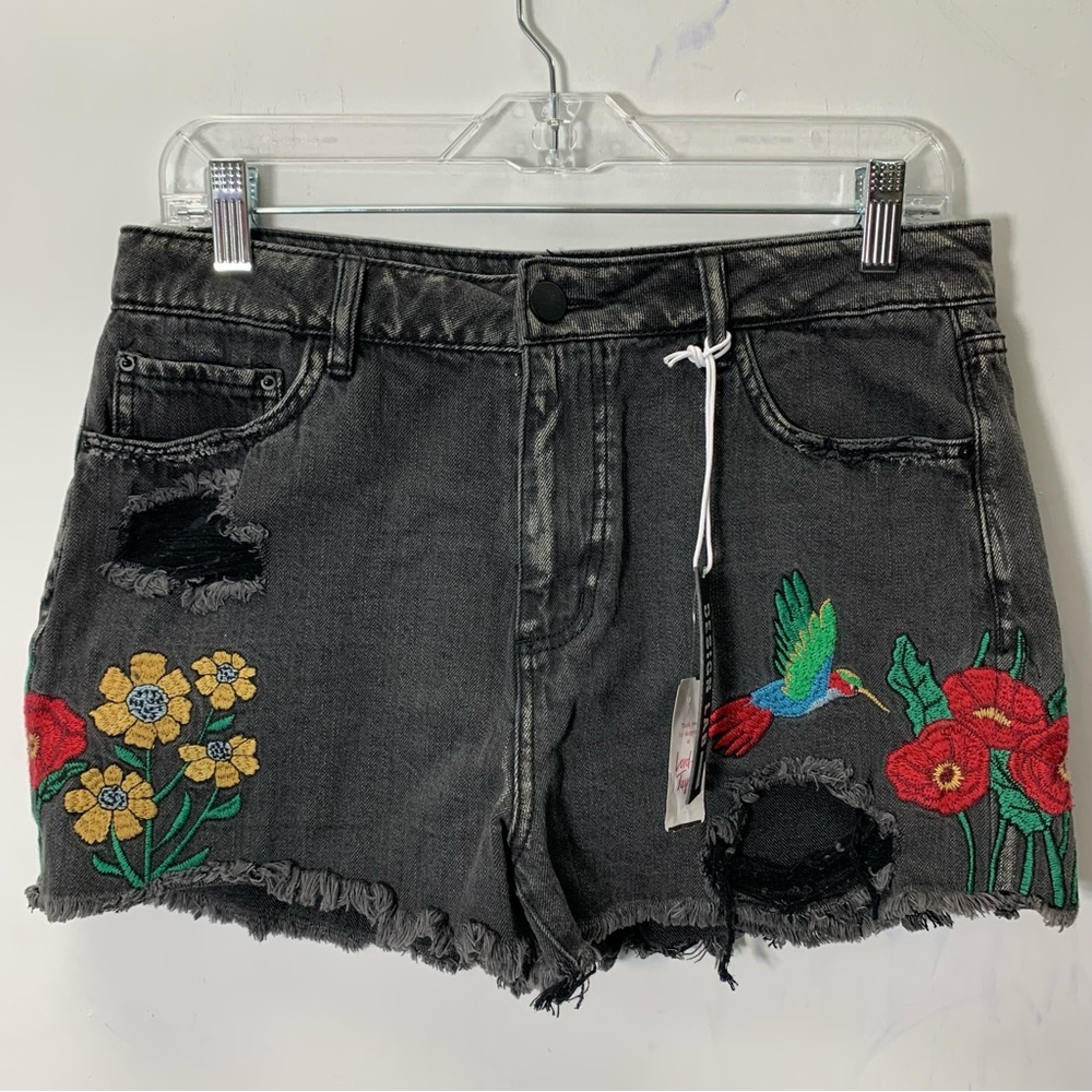Black denim high waisted shorts with flower embroidery and hummingbird butterfly